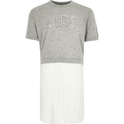 Girls grey sparkly pleated T-shirt dress